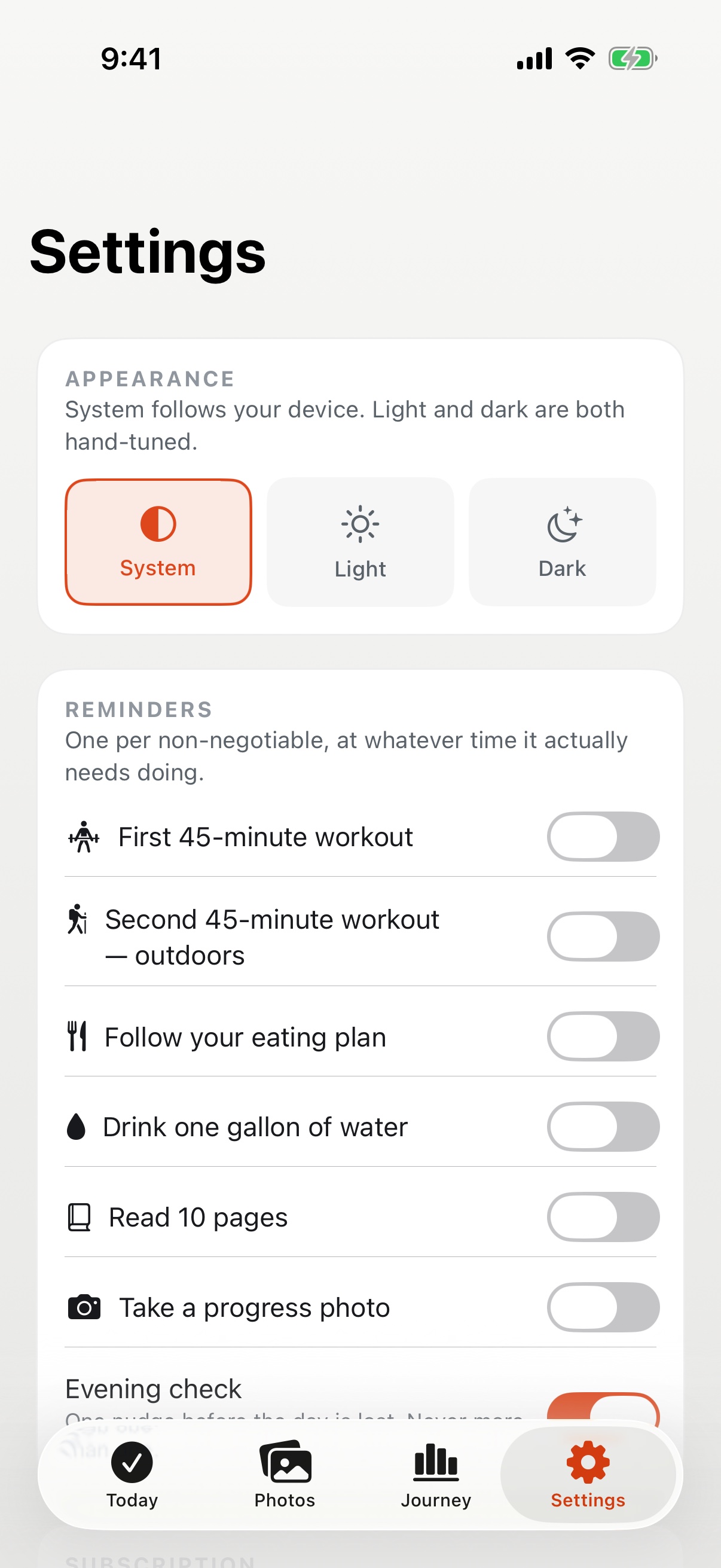75 Ironclad settings screen with appearance, reminder, and export options