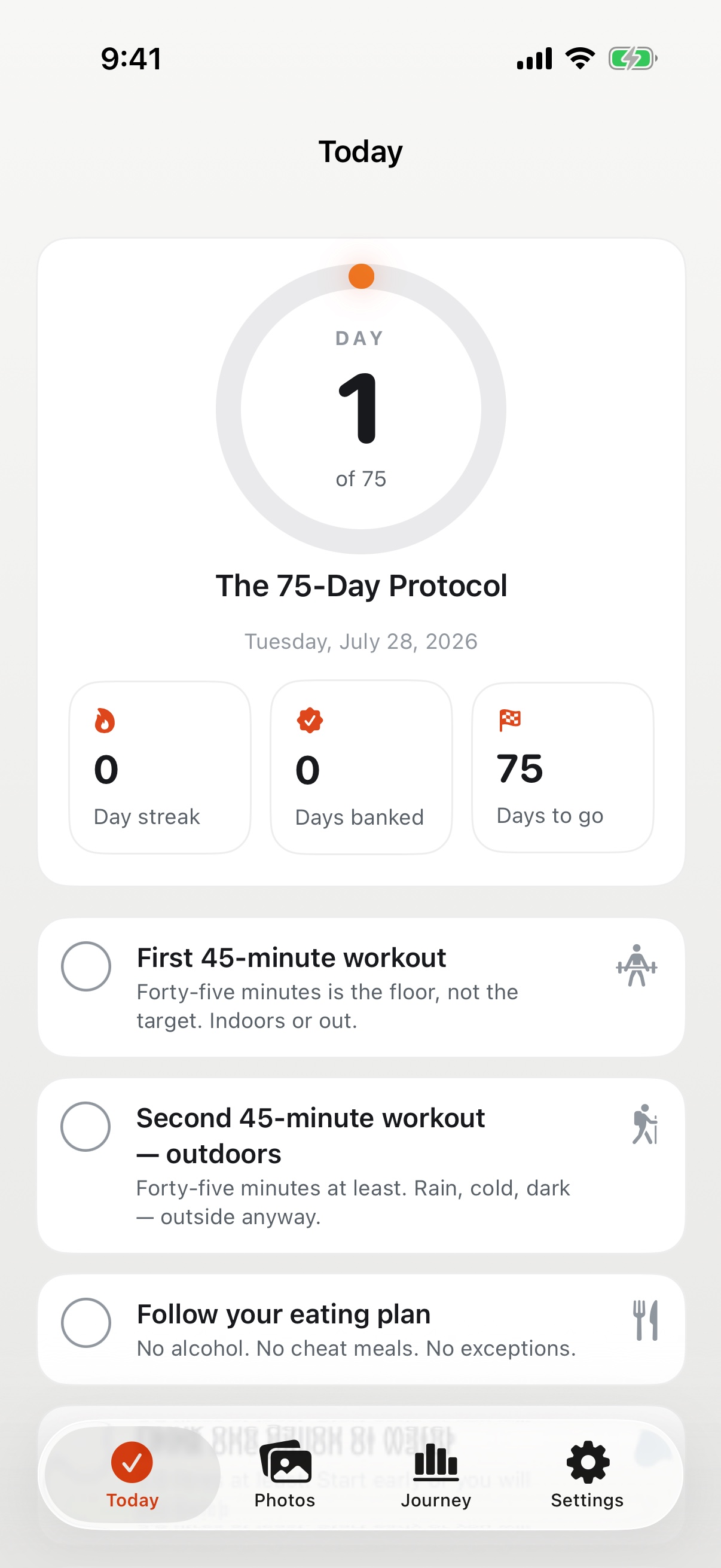 75 Ironclad today screen listing the day's required commitments