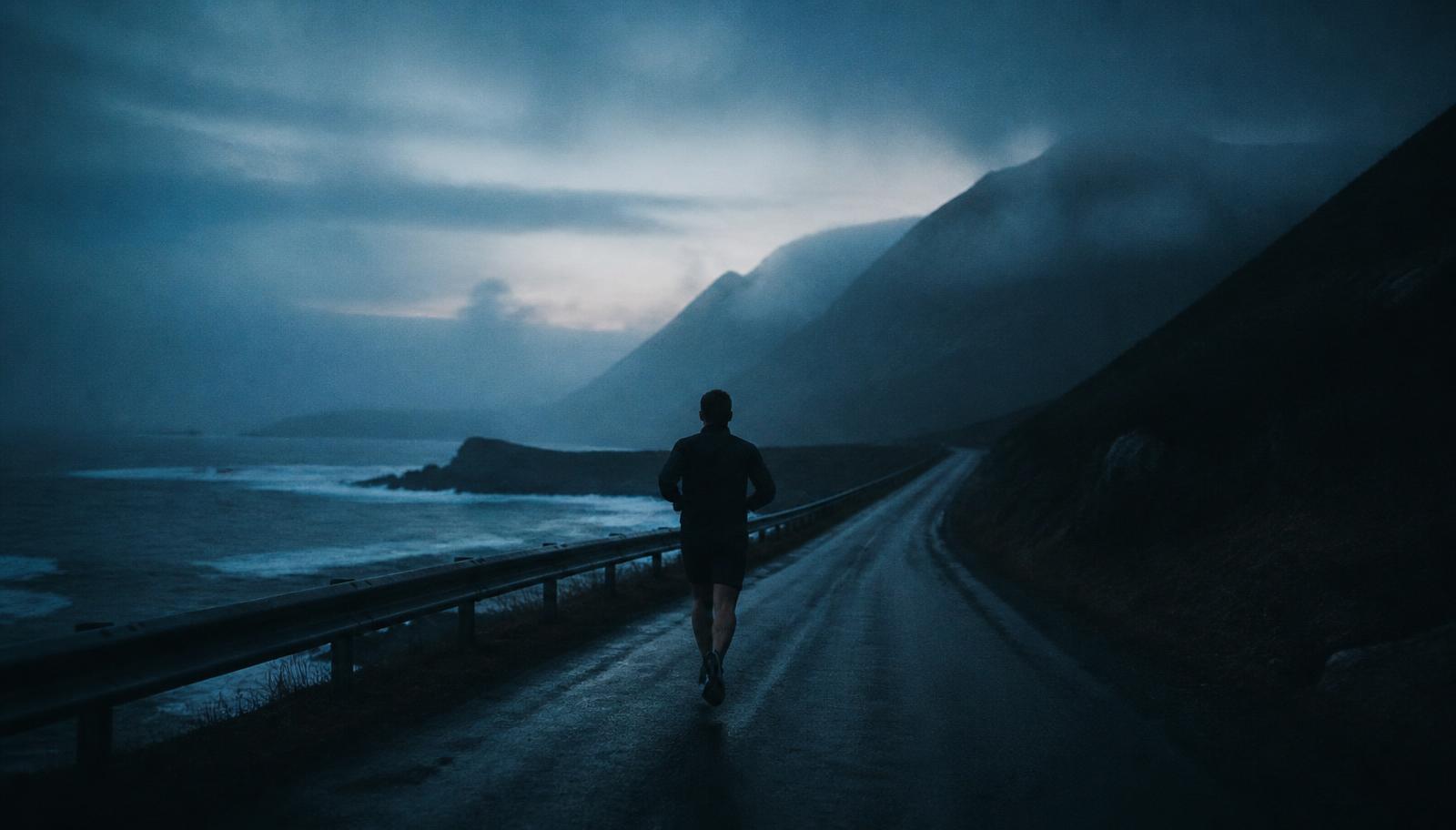 A runner alone on a coastal road before sunrise